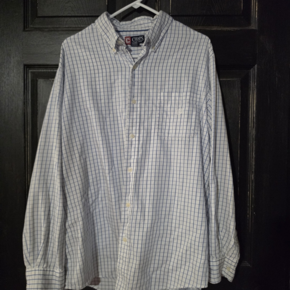 Chaps Button-Down Shirt in White with Blue Windowpane Check